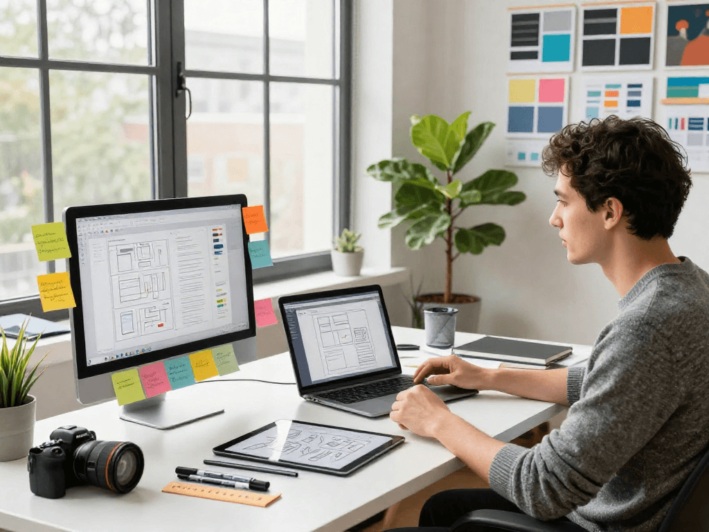 In a vibrant workspace, a designer utilizes crushon to create innovative UX/UI wireframes, surrounded by tools and inspiration.