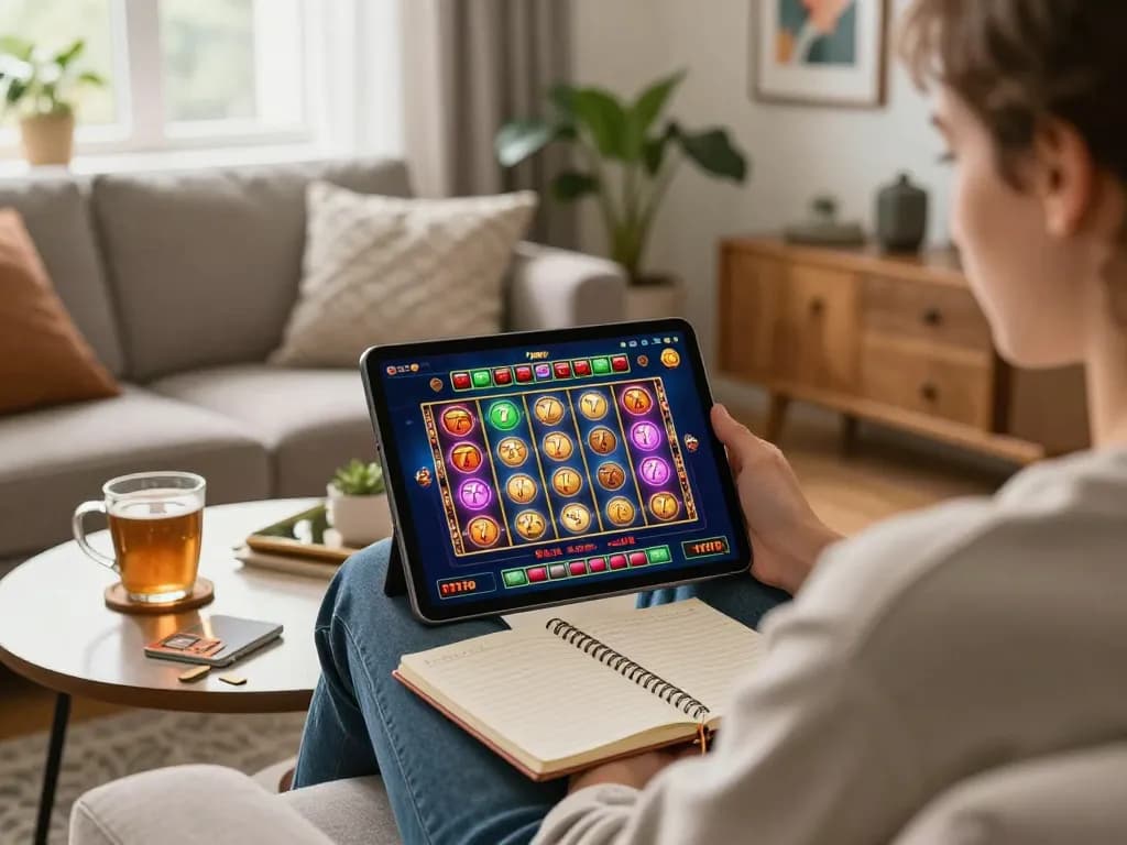 Player engaged in slot777 game on tablet, warm cozy ambiance, showcasing online gambling in home setting.