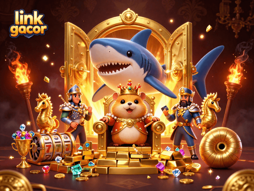 Engage with the vibrant link slot gacor scene featuring a golden hamster king and treasure elements.