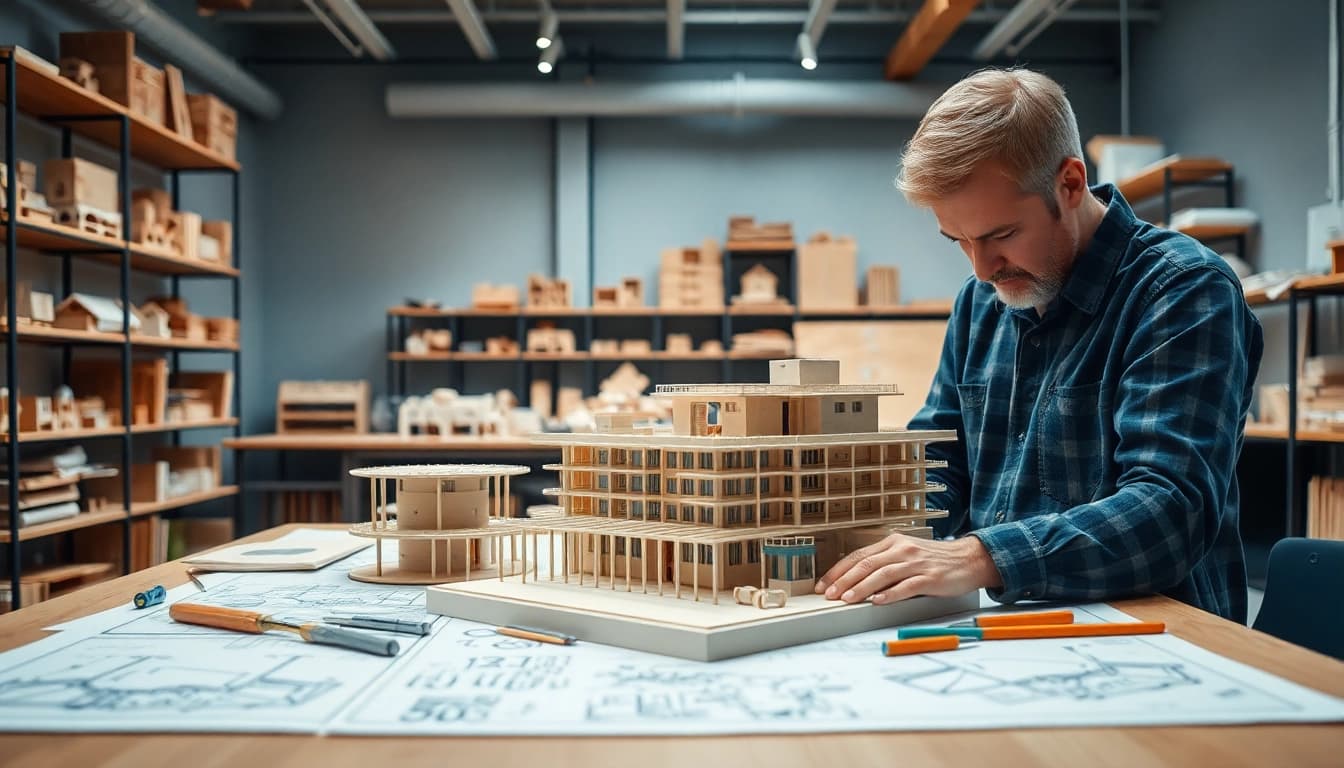 Architekturmodellbau Münster: Detaillierte Modelle in einem modernen Atelier mit einem Handwerker bei der Arbeit.