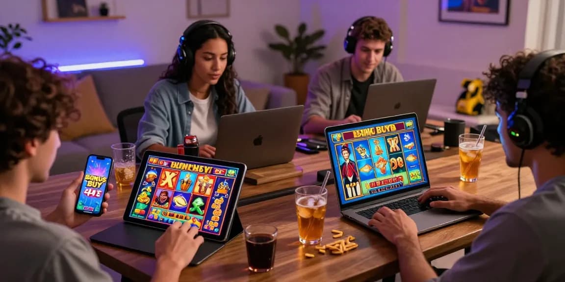 Players accessing Bonus Buy Slots at trustresearch.org.uk, showcasing diverse devices and vibrant slot game action.
