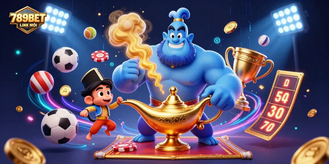 Experience thrilling action at 789BET LINK MỚI with dynamic sports balls and a vibrant casino scene.