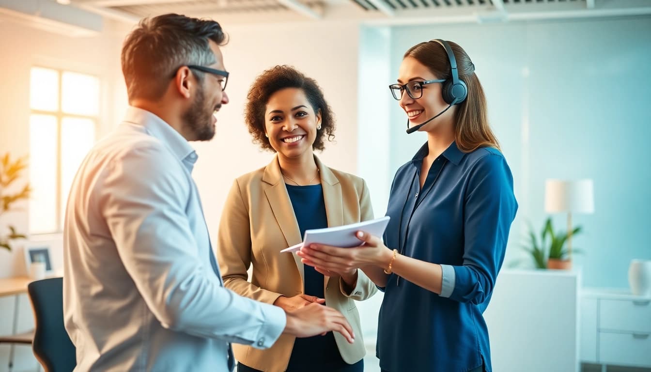 Showcasing a customer first warranty experience with satisfied interactions in a professional office setting.