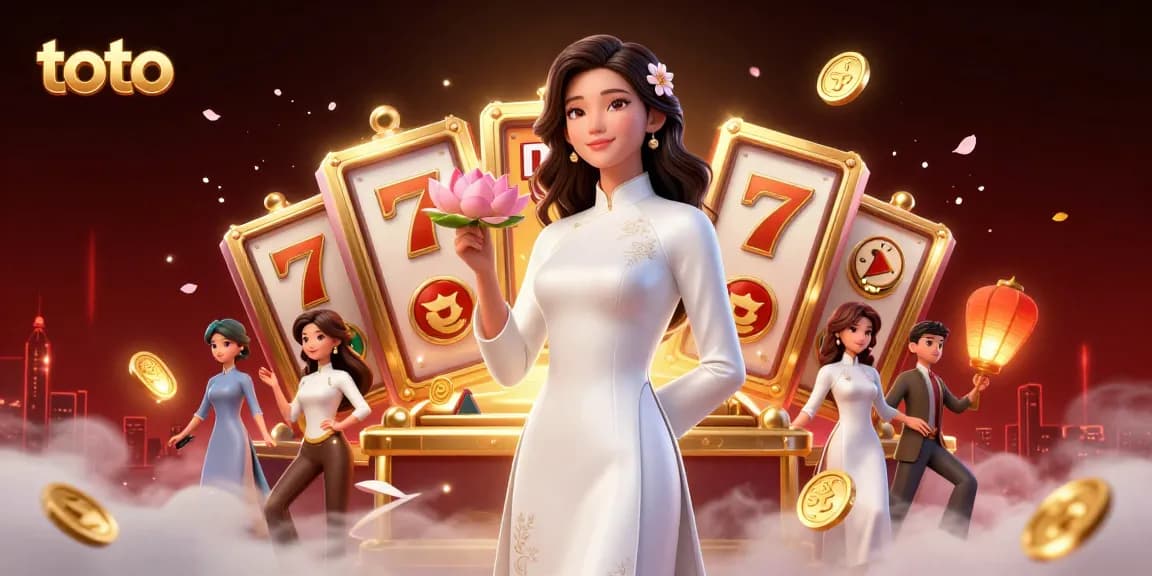 Experience thrilling toto action with vibrant slot reels and a graceful Asian model holding symbols of luck.