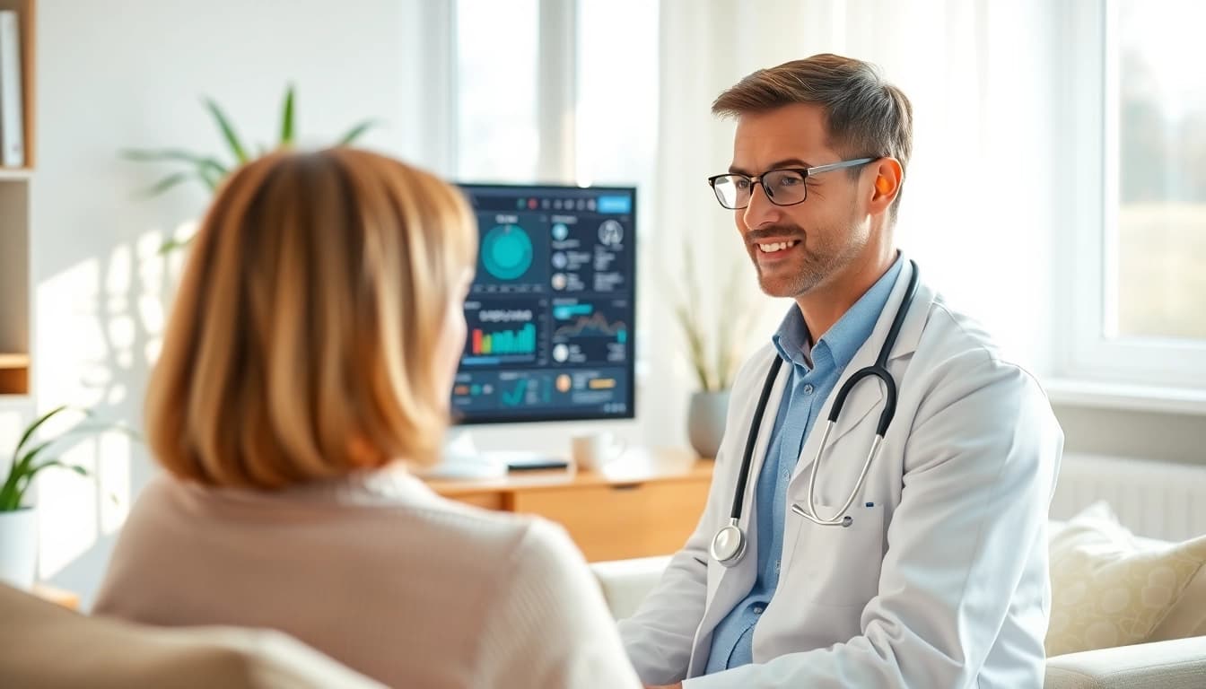 Healthcare professional discussing health in a bright telemedicine session.