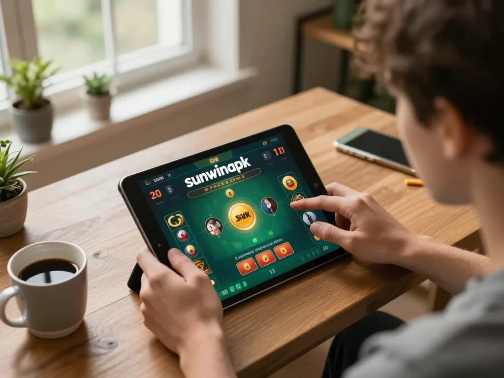 Engaging gameplay on sunwinapk app in modern living room setting giving a cozy online gaming vibe