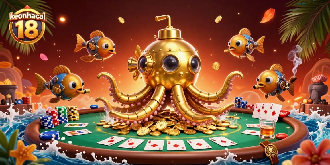 Engage in keonhacai 18's thrilling poker action surrounded by golden kraken and riches.