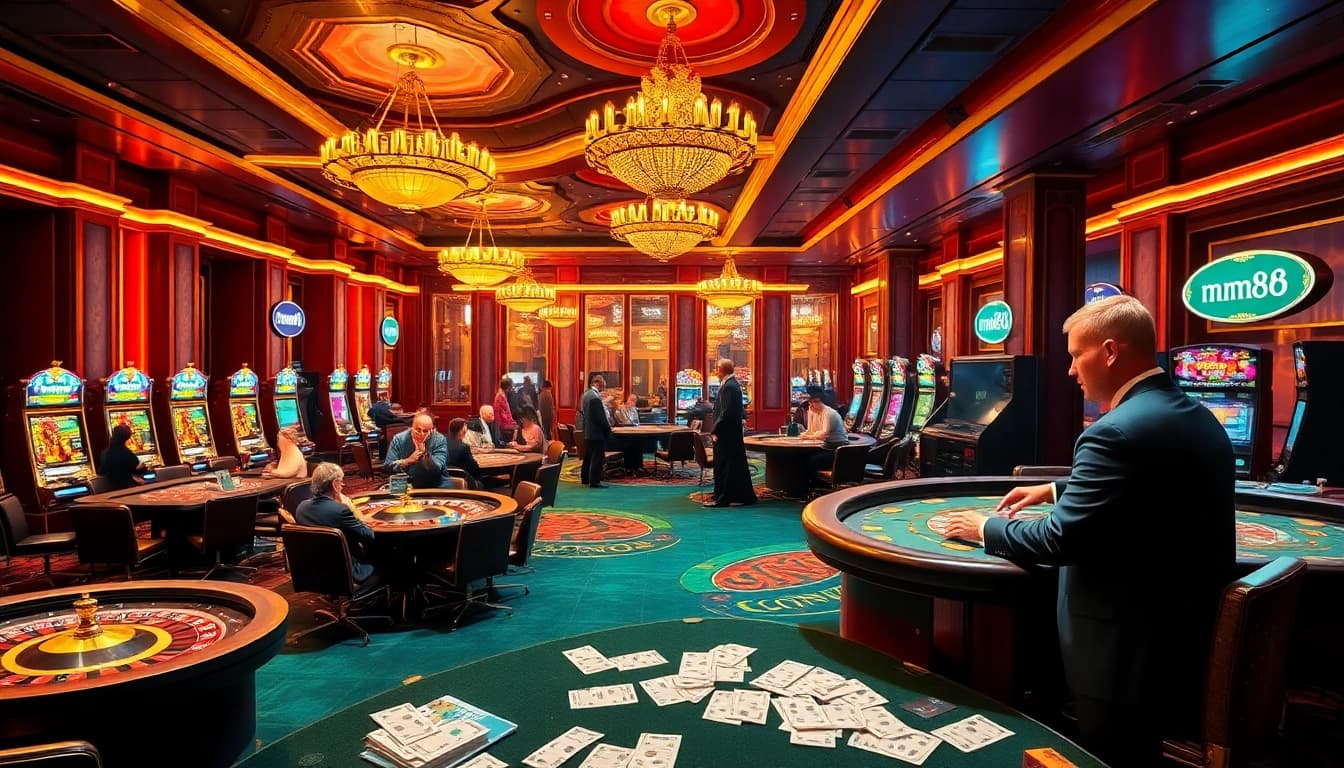 Engaged gamblers enjoying games at mm88 vin casino, showcasing vibrant slot machines and poker tables.