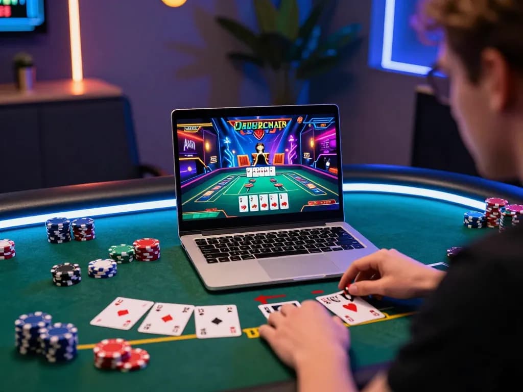 Engaging online baccarat gameplay showcasing a player at a laptop with vibrant gaming visuals, focused environment.