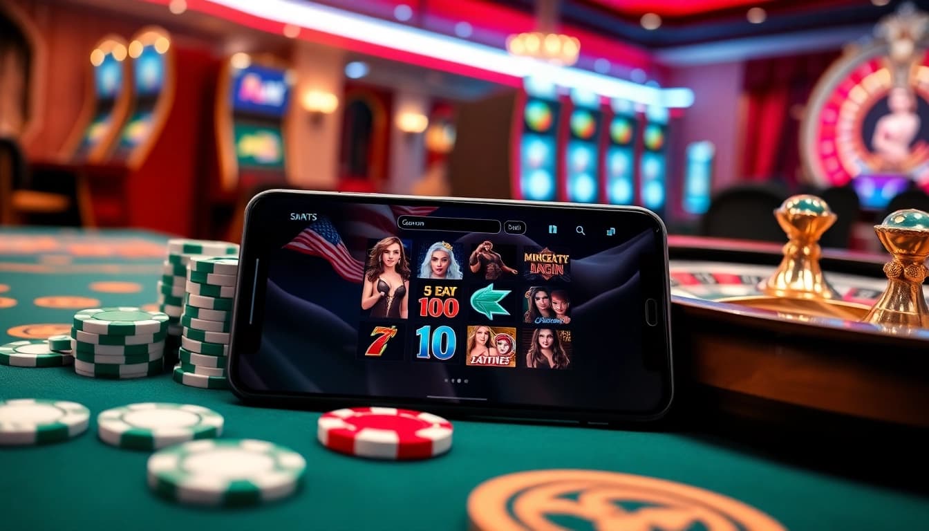 Engage in thrilling mobile porn game experiences surrounded by luxurious casino elements, including poker chips and a roulette wheel.