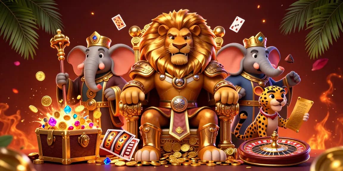 Engage with top credit card casinos featuring a royal lion, wise elephant, and swift cheetah in an enchanting casino scene.