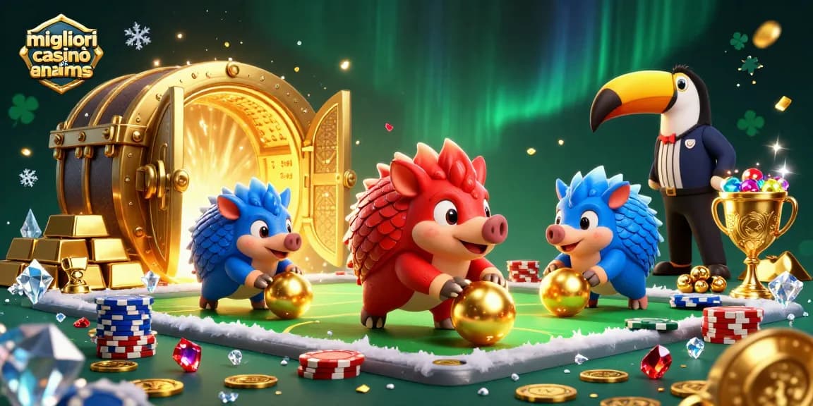 Gioca nei migliori casinò online non AAMS con un'illustrazione animata di pangolini rivali che si sfidano con poker chips.
