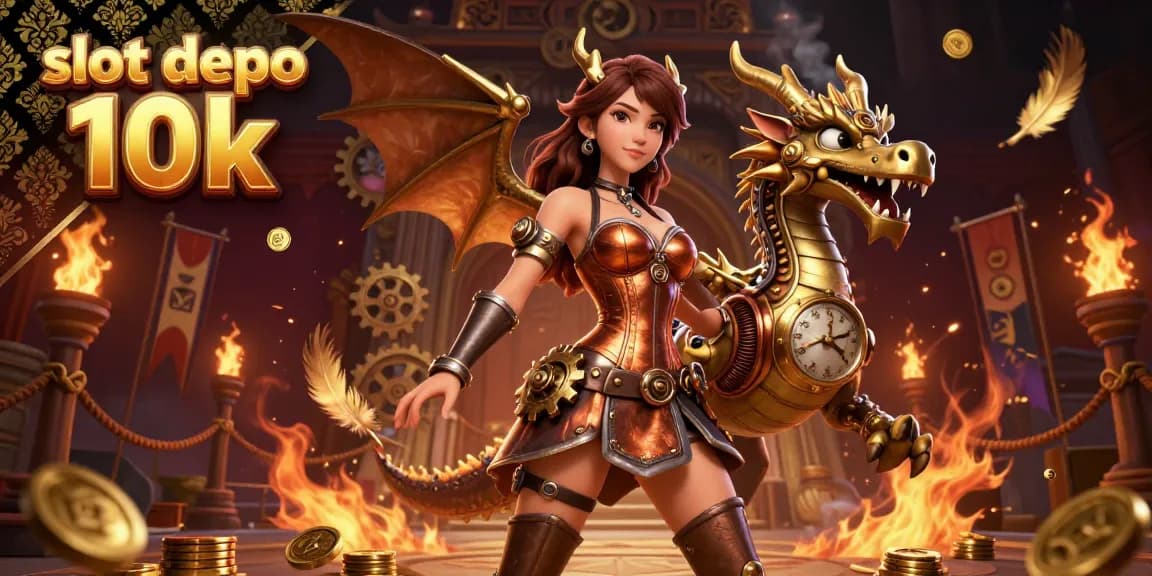 Experience the thrill of slot depo 10k gaming in this dynamic 3D illustration featuring a stunning steampunk woman and a majestic dragon amid rich casino elements