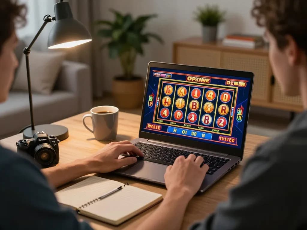 Engage in apk slot bet 50 perak deposit 5000 with vibrant online slots displayed on a laptop in a cozy home setting.