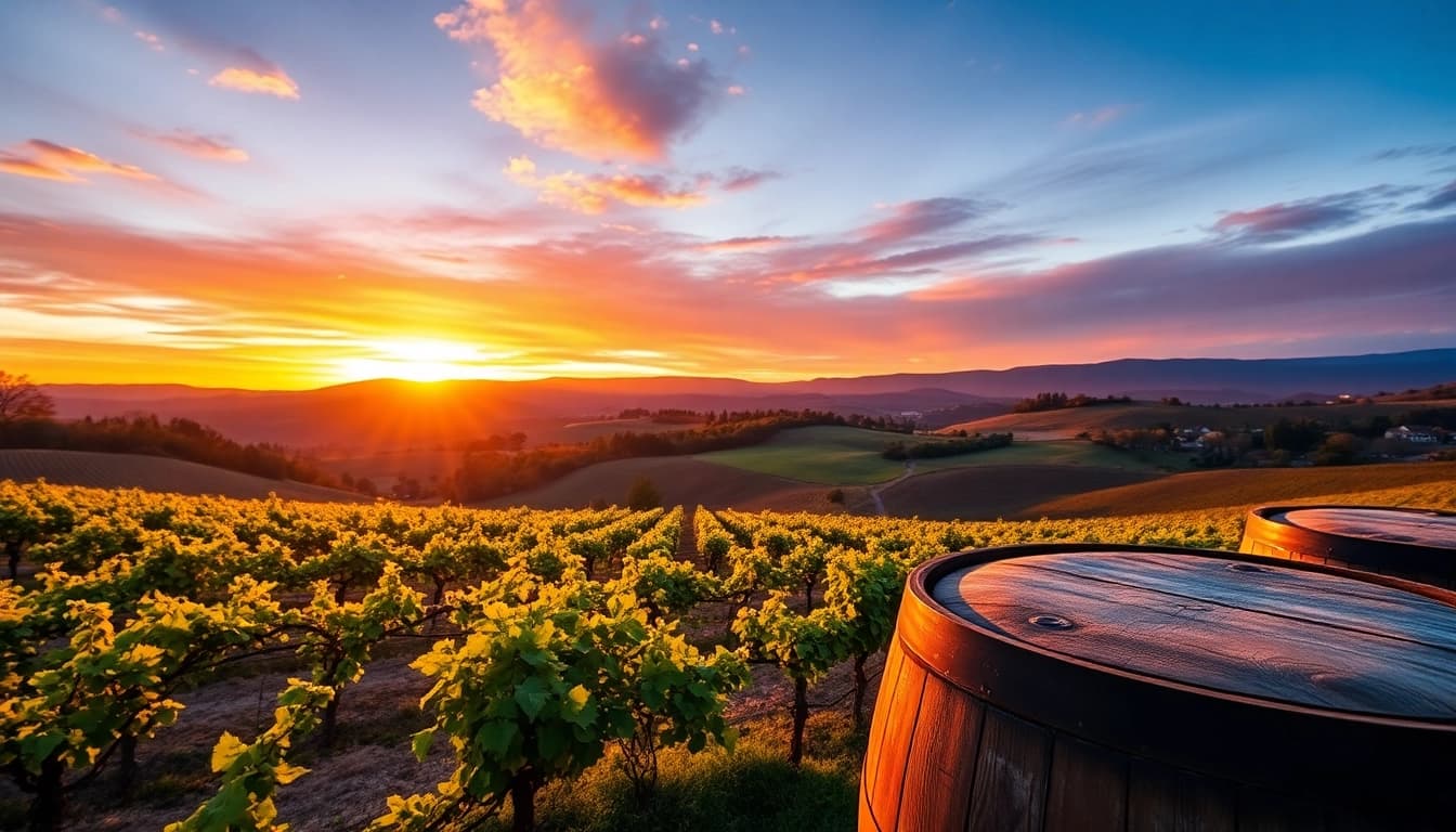 Visit wineries in Clarksburg, featuring vibrant vineyards under a picturesque sunset.