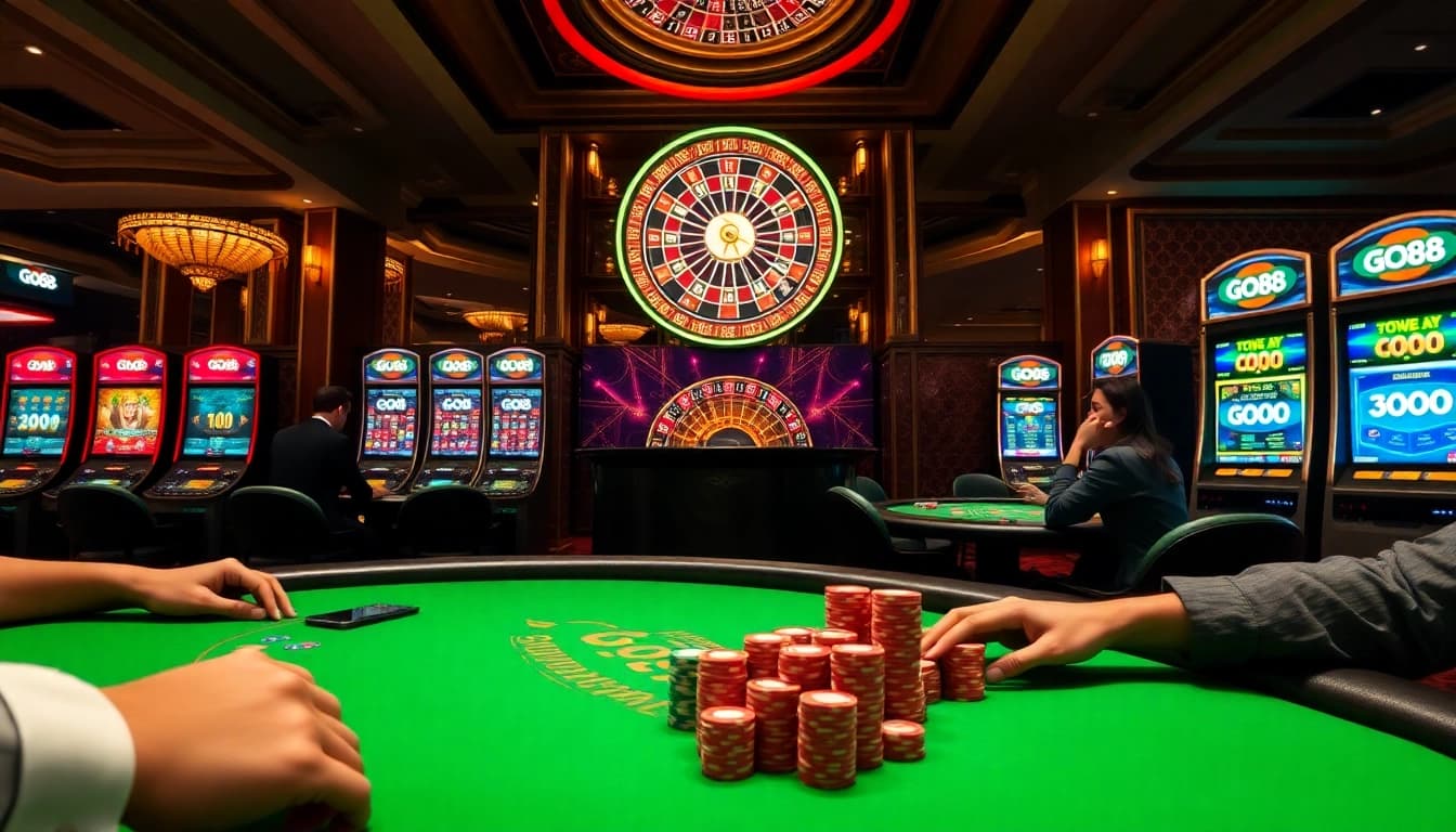 Players enjoying an immersive gaming experience at GO88 casino tables, featuring vibrant poker chips and slot machines.