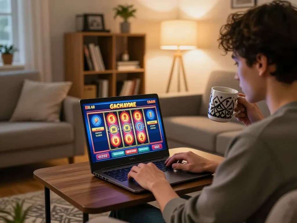 Engaging in slot gacor gameplay on a laptop in a cozy living room, emphasizing responsible gambling.