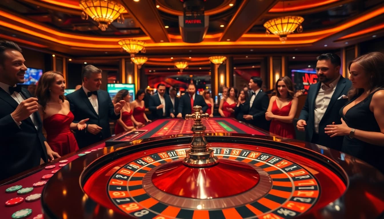 MABAR88 Deposit menampilkan suasana kasino yang penuh semangat dengan pemain dan dealer.