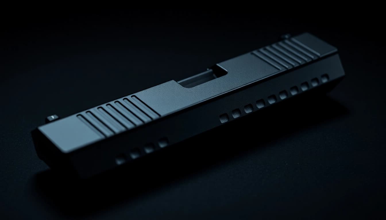 Detailed view of a glock 19 slide mos highlighting optic cut features and serrations.