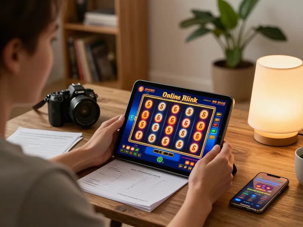 Engaging in online slot gaming on a tablet in a cozy home setting, emphasizing fun and strategy.
