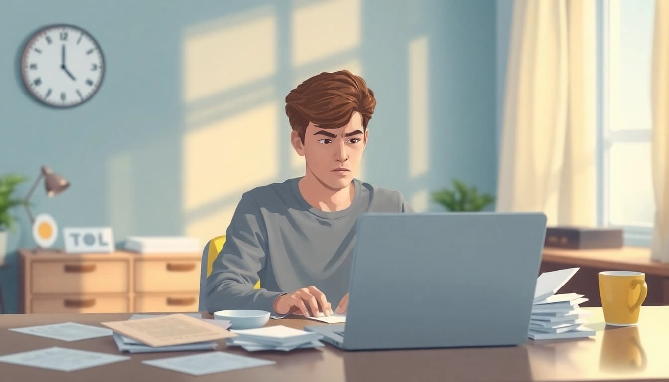 Anxiety symptoms illustrated through a person experiencing overwhelm at a cluttered workspace.