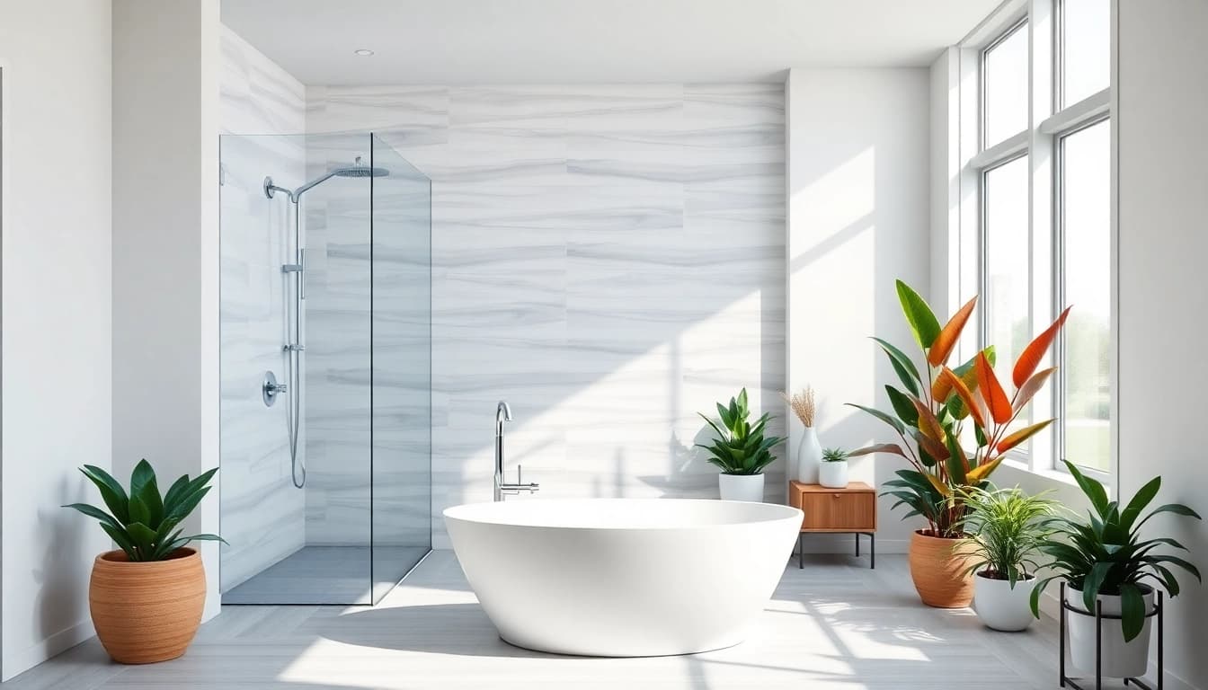 Explore elegant bathroom renovations near me featuring a modern design with a freestanding tub.