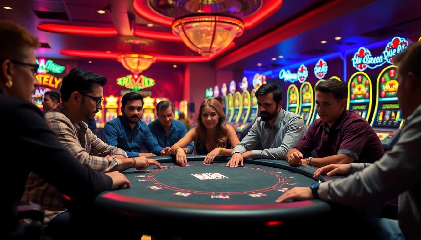 Permainan dewalive alternatif di meja poker yang penuh aksi dan lampu neon.