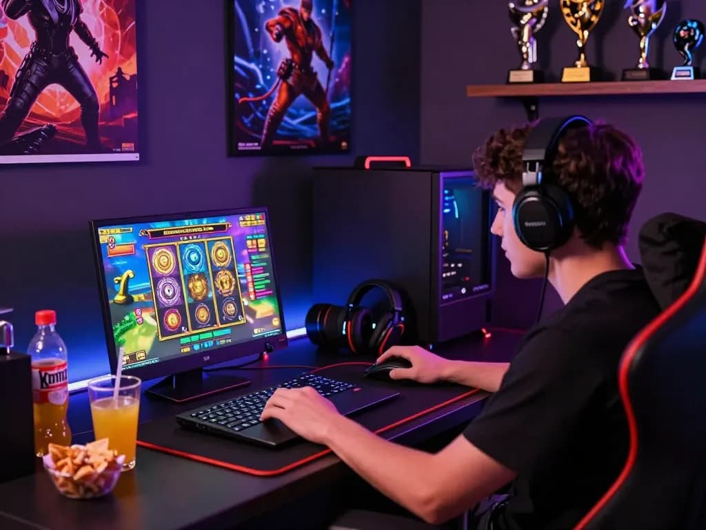 Suasana permainan yang menarik menampilkan seorang pemain menikmati slot gacor hari ini dengan grafik yang cerah dan aksesori yang imersif.