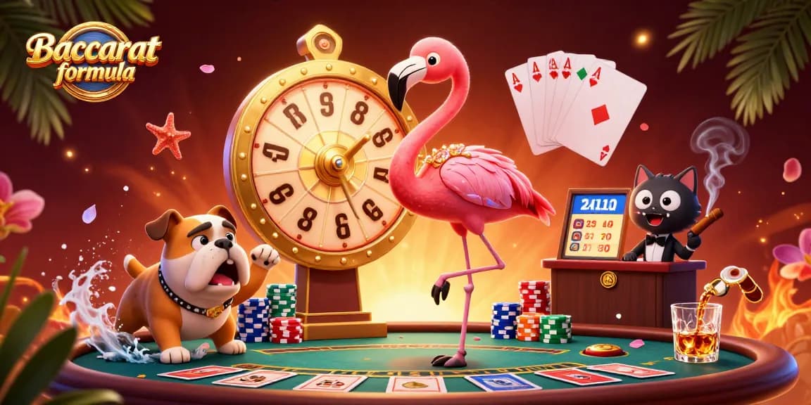 Engage with the Baccarat formula in a vibrant casino scene featuring exciting characters and dynamic elements.