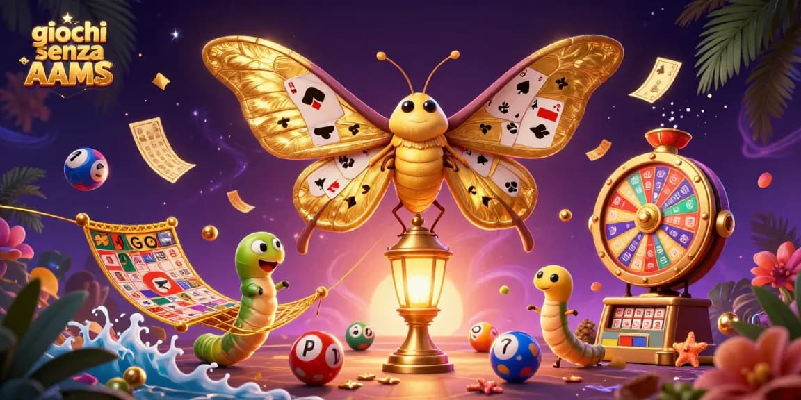 Scopri giochi senza AAMS in un'illustrazione vivace di un casino 3D.