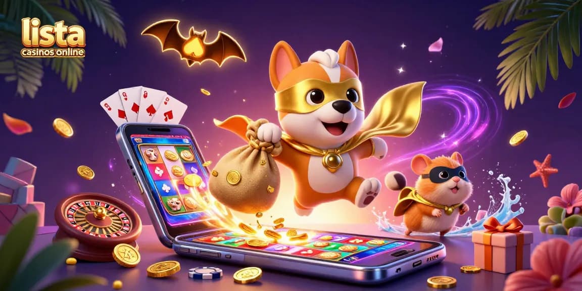 Explora la lista de casinos online mientras un perro héroe vuela con monedas de oro, rodeado de emocionantes elementos de juego.