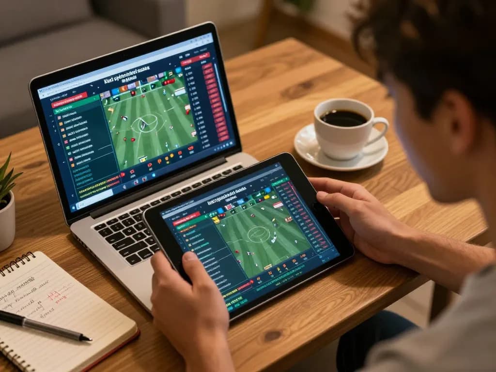 Tracking Kết quả bóng đá live on a tablet while managing sports betting strategy.