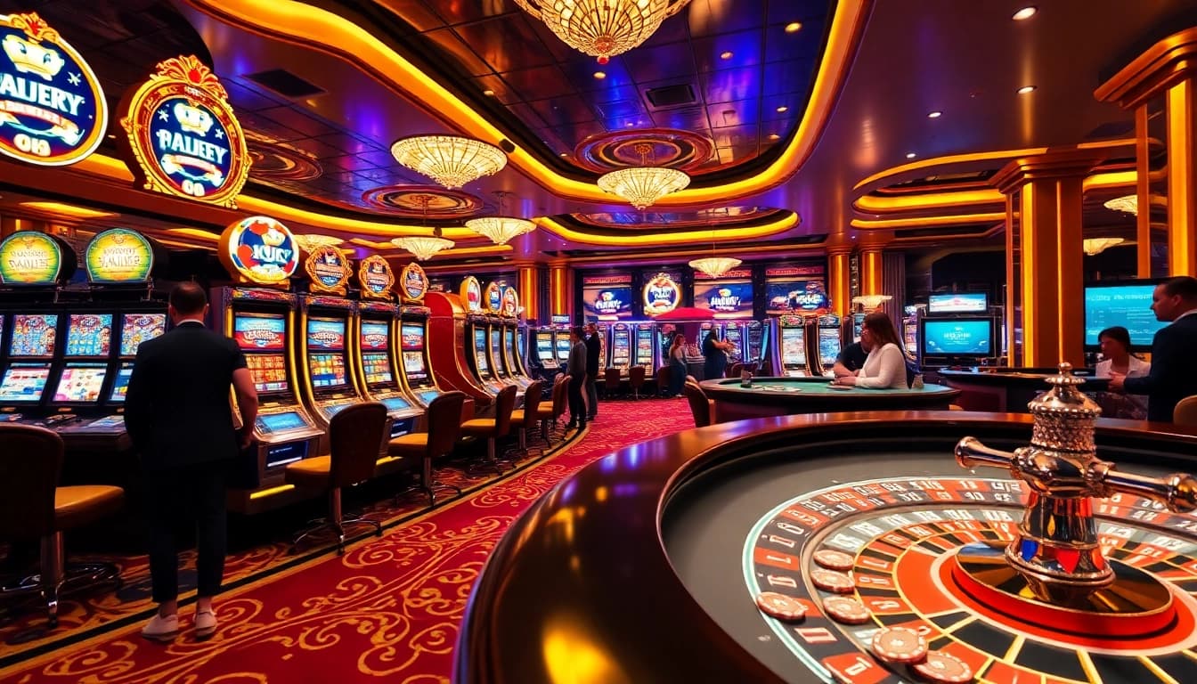 Players enjoying a luxurious casino experience at https://www.kjc.global/ with slot machines and poker tables.