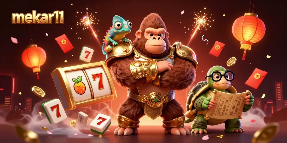 Experience the excitement of mekar11 with powerful characters and engaging slot elements in a vibrant 3D gambling scene.