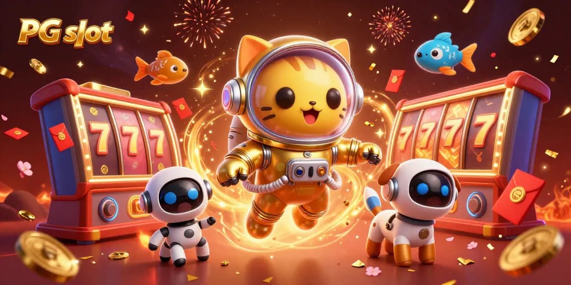 Experience the excitement of PG slot games with a dynamic scene featuring an astronaut cat and slot elements.