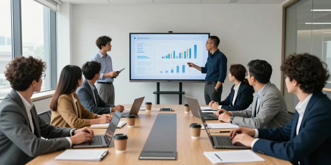 Tim profesional di aafikotabekasi.org berdiskusi strategi bisnis di ruang konferensi modern.