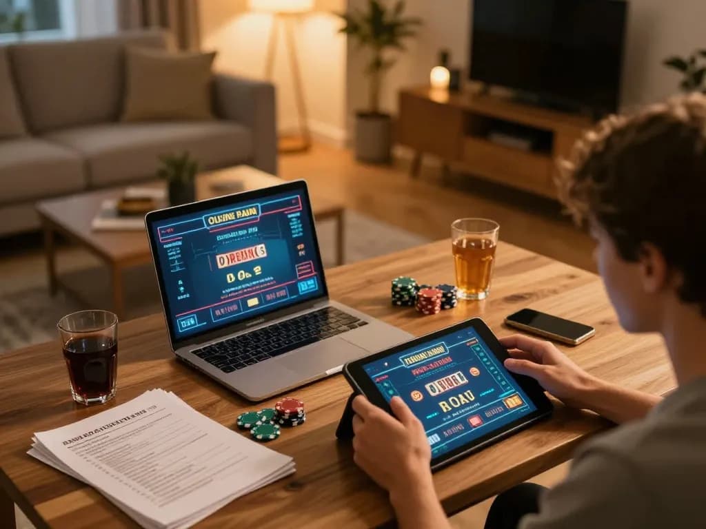 Engaging gaming moment at home with casino online americani, showcasing tablet gameplay and strategic notes