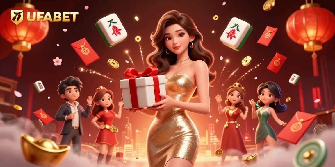 Experience the vibrant energy of UFABET with a festive casino scene featuring winning fortunes and engaging gameplay.