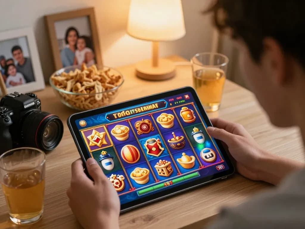 Pemain menikmati permainan slot HOKI77 heylink di tablet dalam suasana ruang tamu yang nyaman.
