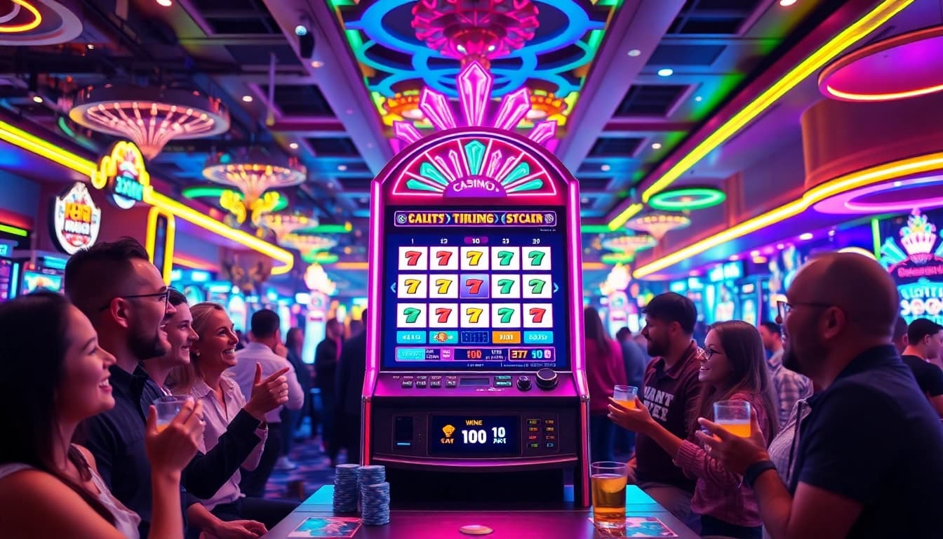 Menangkan slot online di mesin kasino dengan pemain ceria dan lampu berwarna-warni yang menyala.
