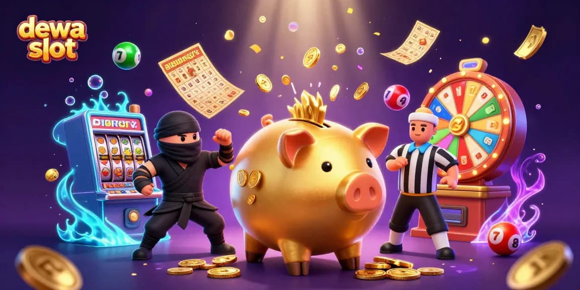 Memenangkan dewa slot sambil berkompetisi dengan piggy bank sumo berwarna emas dan ninja dompet di permainan kasino yang seru.