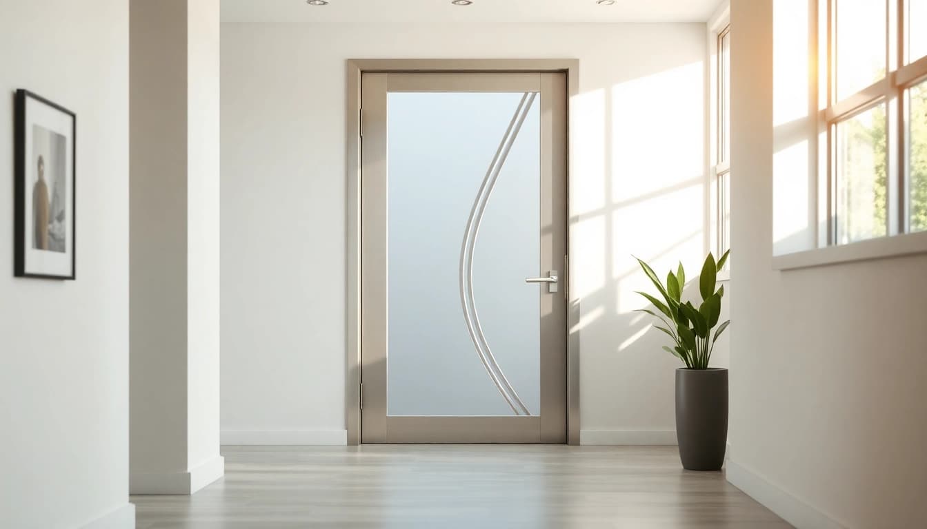 Elegant single leaf swing door in a minimalist entryway, showcasing its glass design and modern aesthetic.