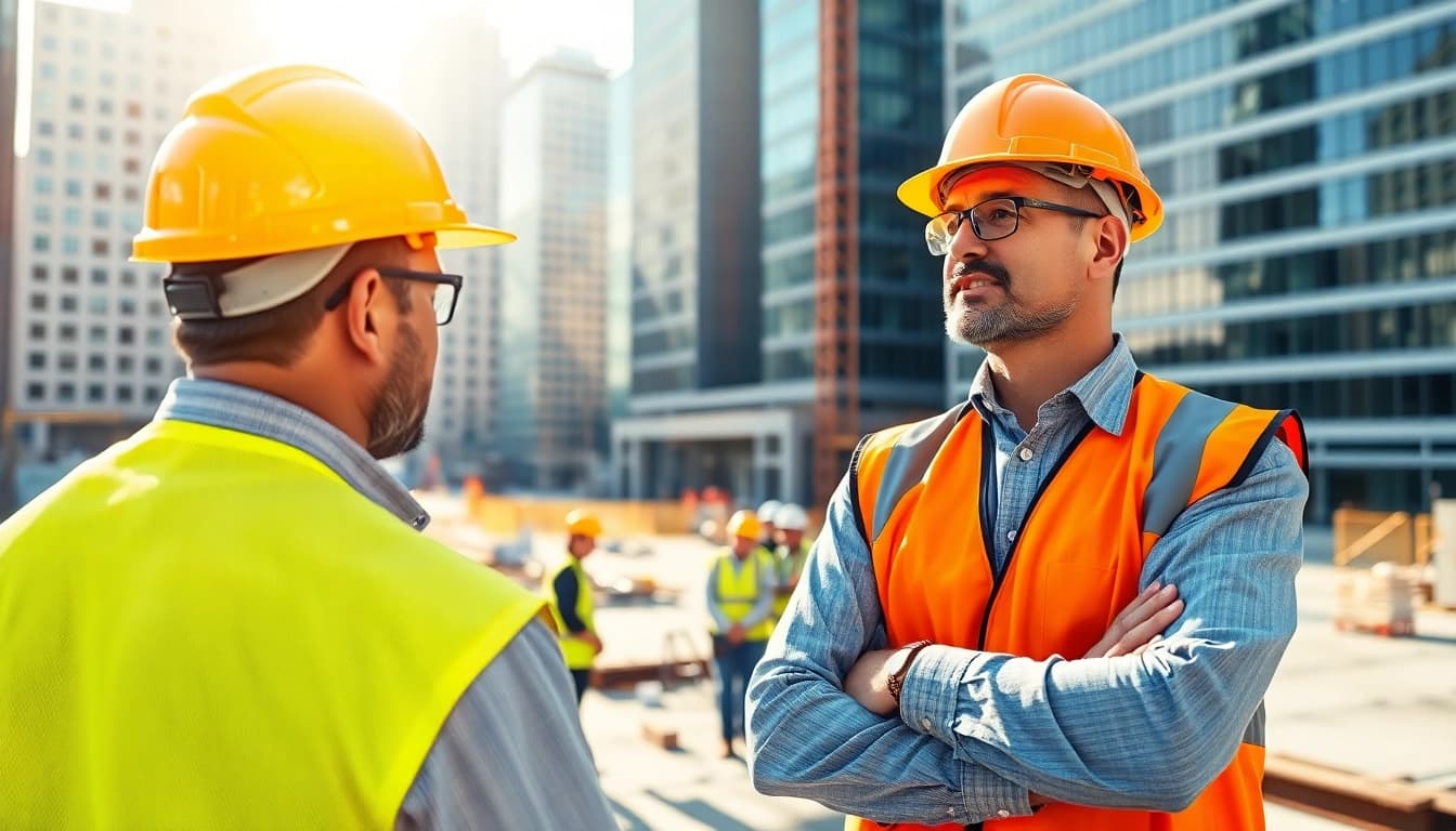 Manhattan Construction Manager coordinating project activities with team at construction site.