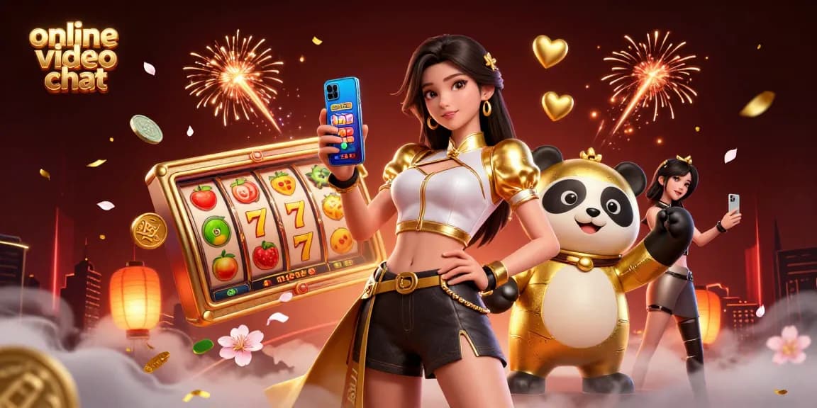 Engage in online video chat while exploring vibrant slot games and festive elements.