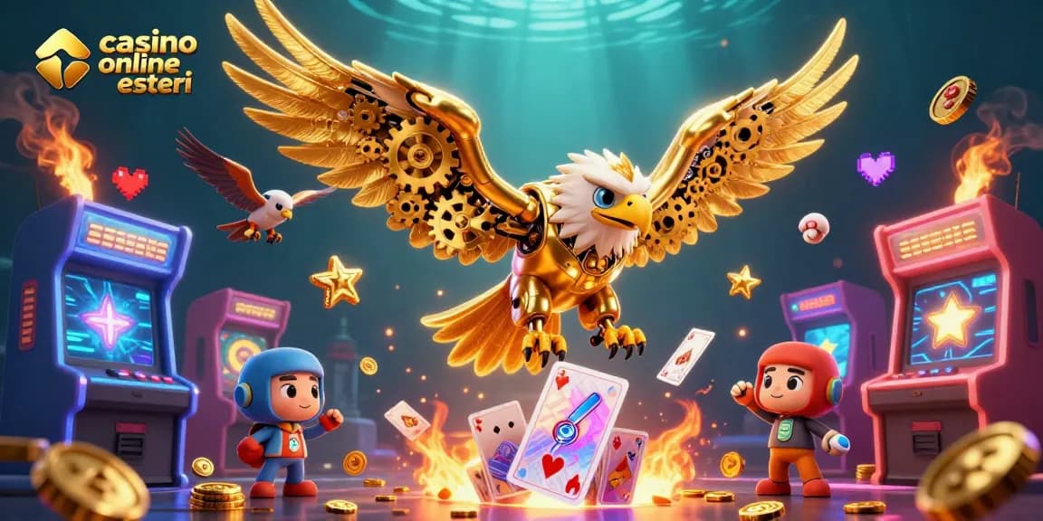Giocando nei casinò online esteri con la grafica di un'aquila cibernetica e carte scintillanti.