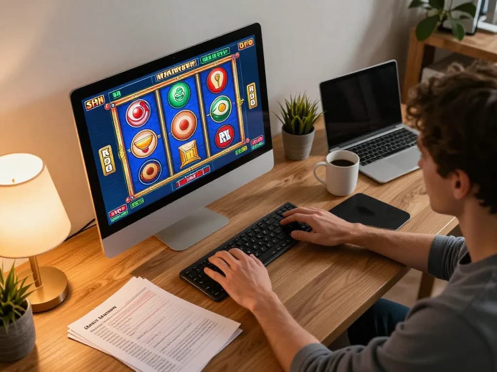 Pemain menikmati permainan slot dalam talian 102 cuci menggunakan komputer riba mereka, menggambarkan pengalaman permainan yang menarik.