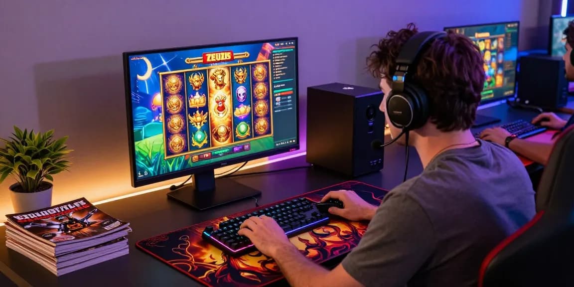 Engaging player focusing on the slot zeus game at a high-tech gaming desk with vibrant graphics and exciting peripherals.