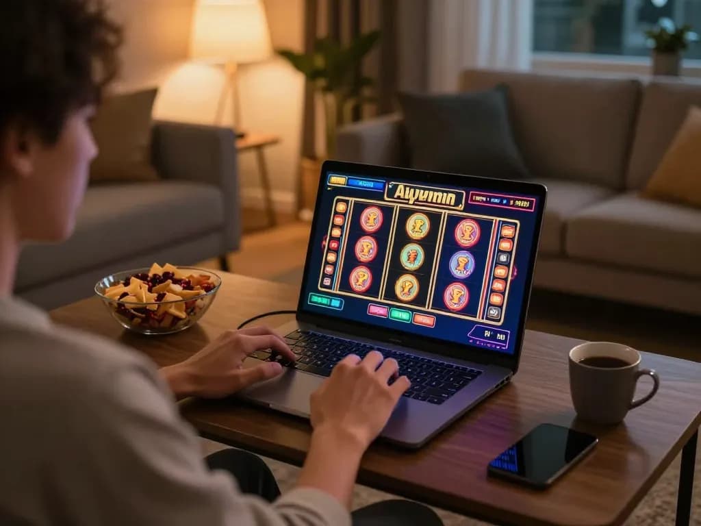 Nikmati permainan slot di platform 100 cuci dalam suasana rumah yang bergaya dengan pencahayaan ambient yang hangat.