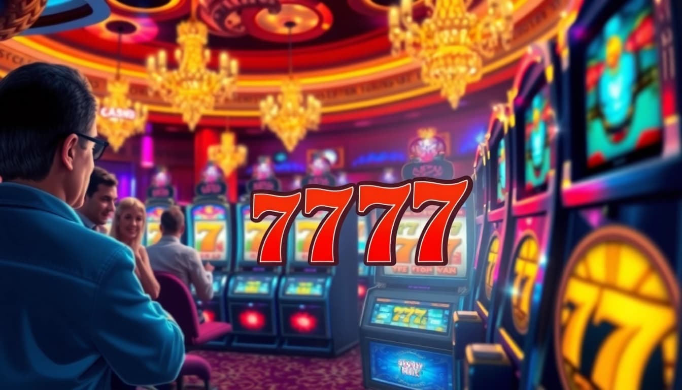 Putar mesin slot 777 yang berkilauan dengan latar belakang kasino yang hidup.