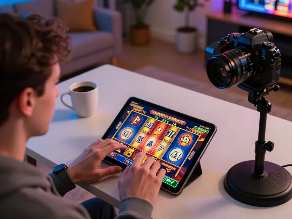 Engaging moment spinning colorful reels on a situs slot gacor at home, showcasing online gaming excitement.